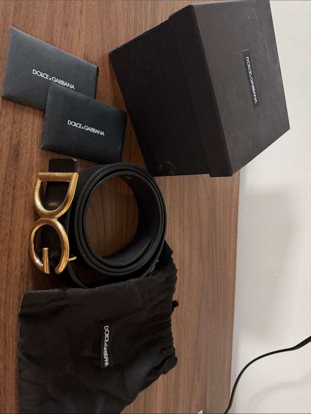 Dolce & Gabbana Black Leather Belt with Gold Double G Buckle